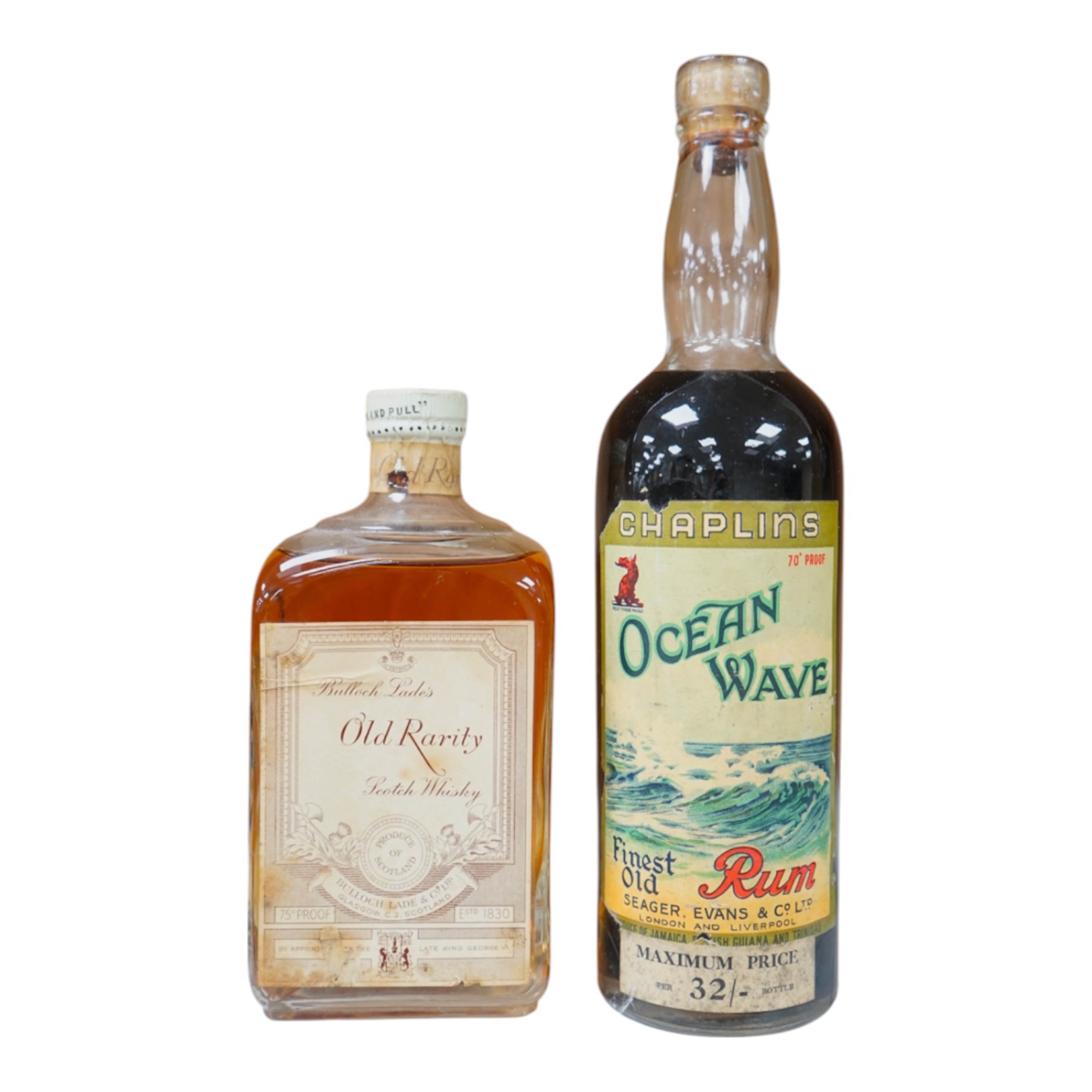 A bottle of Bulloch Lade’s Old Rarity Scotch Whisky and a bottle of Seager, Evans & Co, Ltd., Chaplins Ocean Wave finest old Rum, (2). Condition - fair, storage history unknown